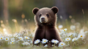 A charming scene unfolds as a young bear cub rests amidst a vibrant meadow of daisies gazing upwards with wide inquisitive eyes