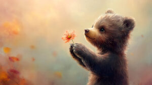 A charming wallpaper featuring a baby bear clutching a delicate flower in its paw set against a soothing pastel background in .jpg format