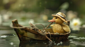 A charming wallpaper featuring a whimsical duck in a sailor hat paddling in a small wooden boat in a painting