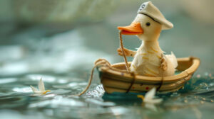 A charming wallpaper portraying a duck in a sailor hat leisurely paddling in a tiny wooden boat