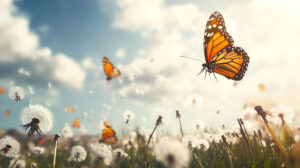 A cheerful butterfly flits across a meadow accompanied by dancing dandelion seeds in the breeze captured in Butterfly Meadow Dance.jpg