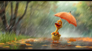 A cheerful duck in a cartoon with a gentle smile and holding an umbrella captured during a light rainfall is named ducky raindrop delight.jpg