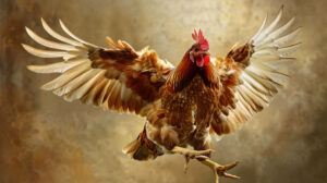 A chicken in mid flight, flapping its wings as it moves from one spot to another