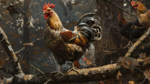 A chicken perched on a tree branch surrounded by other chickens in the background in a wallpaper titled Chickens in Nature