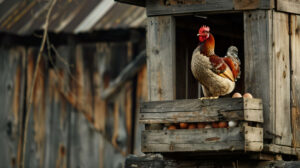 A chicken perched on a wooden coop, with eggs visible in the nesting boxes