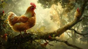 A chicken perching on a tree branch with other chickens in the background can be found in the wallpaper titled Roosting Chickens