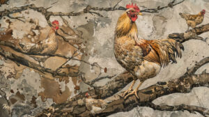 A chicken roosting on a tree branch, with other chickens visible in the background