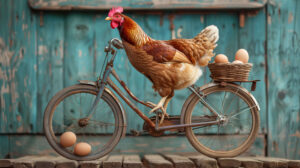 A chicken standing on a vintage bicycle, with a basket full of fresh eggs