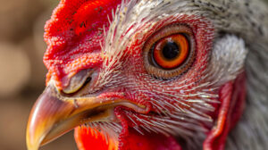 A close up of a chicken's face, highlighting its bright red comb and inquisitive eyes