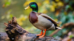A colorful mallard duck with iridescent green feathers, standing proudly on a log