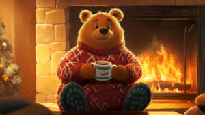 A cozy fireplace backdrop with a cartoon bear adorned in pajamas cradling a steaming mug of hot cocoa perfect for your wallpaper