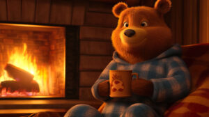 A cozy fireplace background features a cartoon bear in pajamas holding a mug of hot cocoa. The scene is captured in an image titled Bear in Pajamas