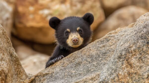 A curious bear cub peeks cautiously from behind a big rock reflecting a mix of shyness and curiosity in the wallpaper