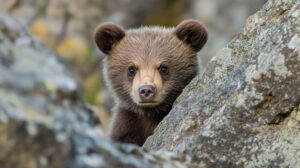 A curious yet shy bear cub peeking from behind a large rock is captured in the wallpaper titled Shy Cub