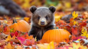 A cute bear cub rests in a pumpkin patch encircled by vibrant autumn leaves captured in the wallpaper titled Autumn Harmony