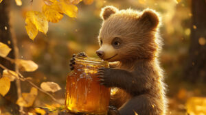 A cute bear cub savoring a jar of honey with sweet honey dripping from its paws and a joyful look on its face in Honey Bliss