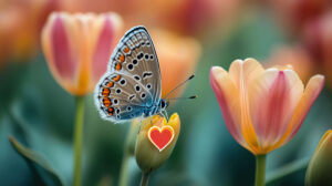 A cute butterfly with heart shaped patterns on its wings, perched on a tulip