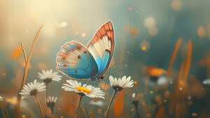 A cute butterfly with pastel colored wings, resting on a daisy in a meadow