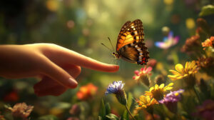 A delicate butterfly landing on a child's fingertip, surrounded by a garden full of vibrant flowers