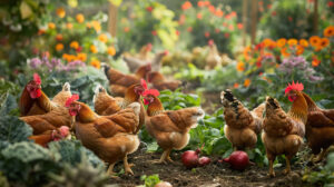 A flock of chickens foraging in a vegetable garden, surrounded by ripe produce