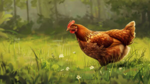 A free range chicken exploring a lush green meadow, pecking at the grass