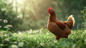 A free range chicken roaming a vibrant green meadow and pecking at the grass in a photograph named Chicken in Meadow.jpg