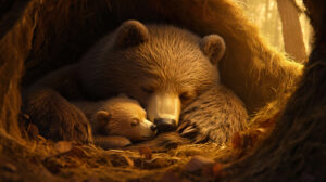 A fuzzy bear cub snuggling with its mother in a cozy den, with soft light filtering in