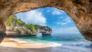 A hidden beach with a natural rock arch framing the sea, creating a picture perfect view