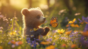 A joyful bear cub frolicking with a butterfly among vibrant wildflowers in a sun drenched meadow captured in the wallpaper Bear Cub and Butterfly