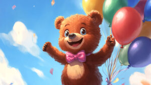 A joyful cartoon bear adorned with a bow tie and clutching a bunch of balloons beaming brightly in a delightful snapshot
