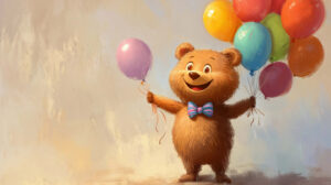 A joyful cartoon bear adorned with a bow tie and clutching a bunch of balloons beams brightly in Beary Balloon Bouquet.jpg