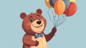 A joyful cartoon bear in a bow tie clutching a bunch of balloons flashes a wide smile in the wallpaper file named bear with balloons.jpg
