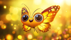 A joyful cartoon butterfly with oversized eyes and a cheerful expression gracefully soaring amidst a vivid sunny backdrop