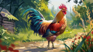 A lively plump chicken with colorful feathers busily pecking at the sunny farmyard ground
