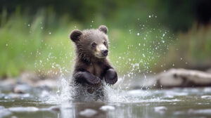 A lively young bear cub frolicking in a gentle stream scattering shimmering water droplets all around in a charming scene captured in a photograph