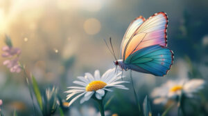 A lovely butterfly with soft pastel wings perched on a daisy in a meadow captured in the wallpaper named A cute butterfly with pastel colored wings resting on a daisy in a meadow.jpg