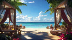A luxurious beach with cabanas and lounge chairs, tropical drinks on tables, and a clear, sunny sky