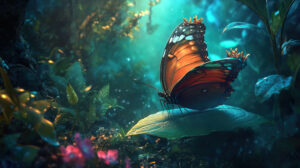 A magical garden setting with a butterfly adorned in a dainty crown perched gracefully on a leaf. The scene evokes whimsy and wonder