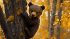 A mischievous bear cub with a grin climbing a tree while leaves rustle around it in the background