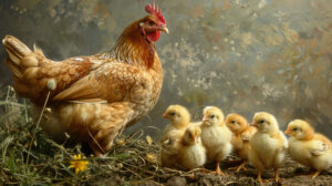 A mother hen with her fluffy chicks, gathered around her as she watches over them