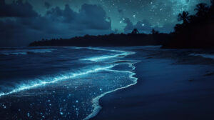 A night time beach with glowing bioluminescent waves and a star filled sky reflecting on the water
