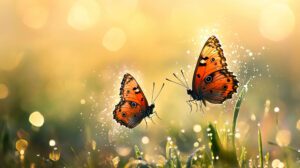 A pair of butterflies dancing in the air, surrounded by sparkling dew drops and morning light