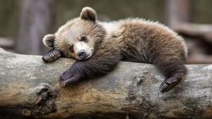 A peaceful bear cub asleep on a log one paw draping over the edge