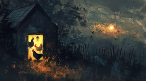 A peaceful wallpaper capturing chickens perched in a warmly lit coop at twilight