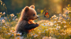 A playful baby bear cub interacts with a butterfly in a sunny meadow amid blooming wildflowers captured in a wallpaper named Bear Cub Frolic