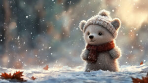 A playful bear cub adorned with a small hat and scarf stands in a snowy winter scene captured in Bear Cub Frost