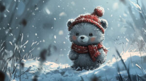 A playful bear cub donning a small hat and scarf amidst a snowy winter scene in the wallpaper Whimsical Winter Wonderland