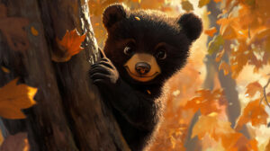 A playful bear cub grinning mischievously while climbing a tree with rustling leaves in the background is captured in BearCubTreeClimb.jpg