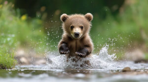 A playful bear cub splashing in a shallow stream, water droplets flying around