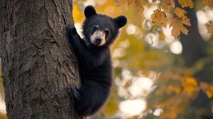 A playful bear cub wearing a mischievous grin is captured climbing a tree with rustling leaves in the background in the wallpaper titled Bear Cub in Tree.jpg
